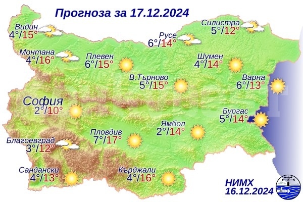 Прогноза за времето за 17 декември