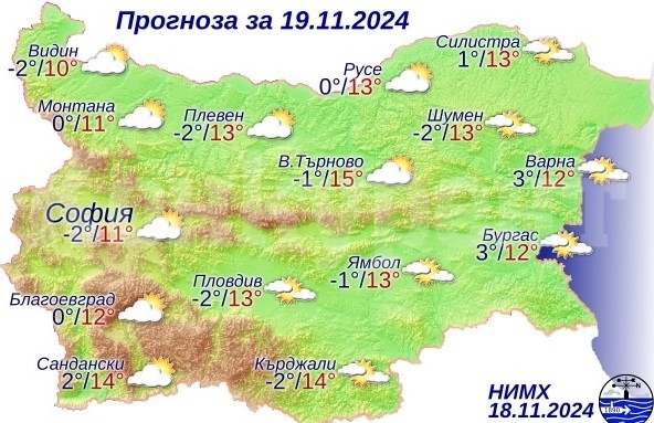 Прогноза за времето на 19 ноември